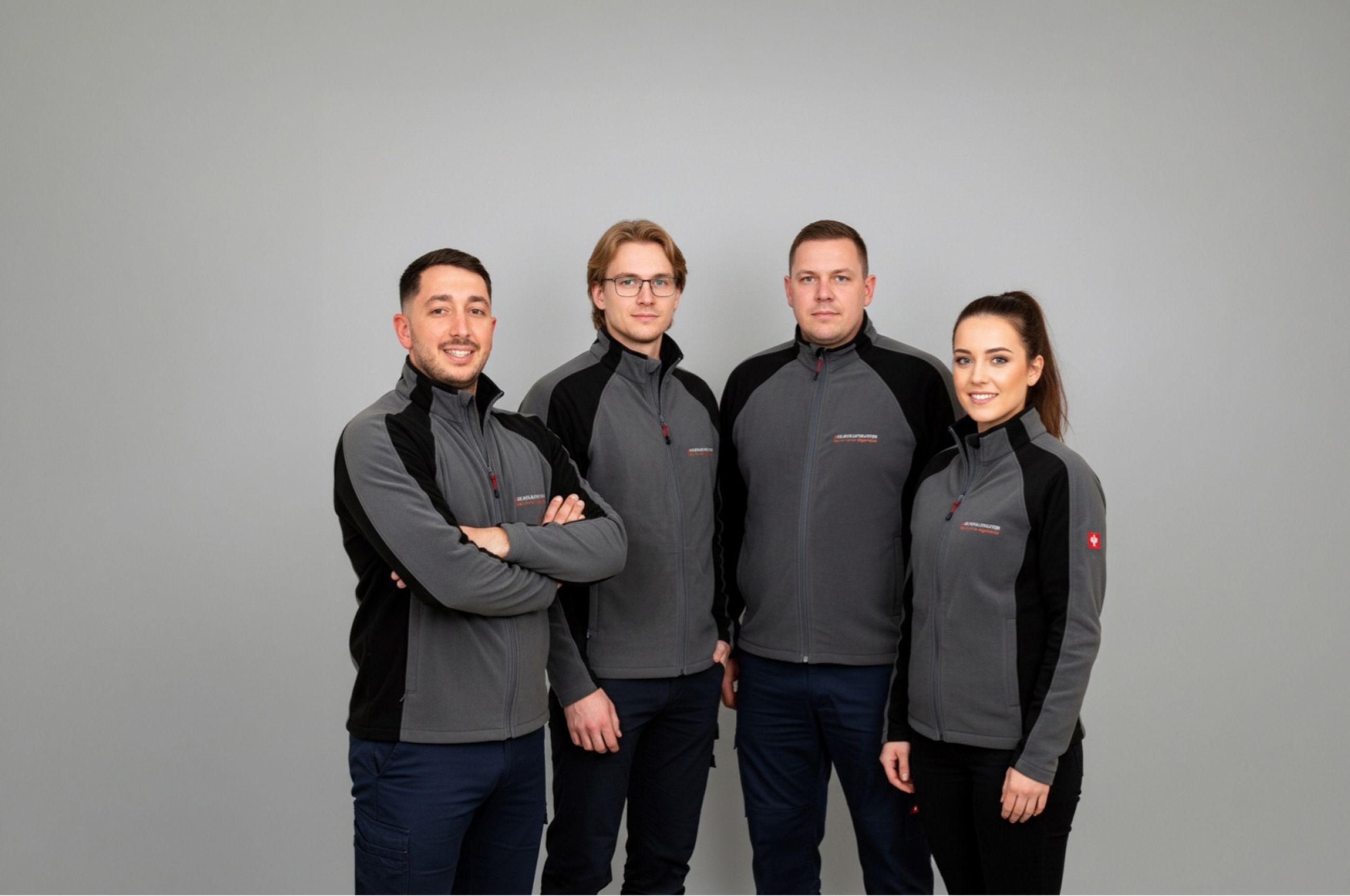 Team von SE Kfz-Gutachter in einheitlicher Arbeitskleidung vor grauem Hintergrund